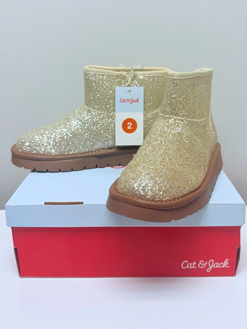 Cat & Jack Girls Size 2 Gold Glitter Ankle Boots Faux Suede Style Honor Boots